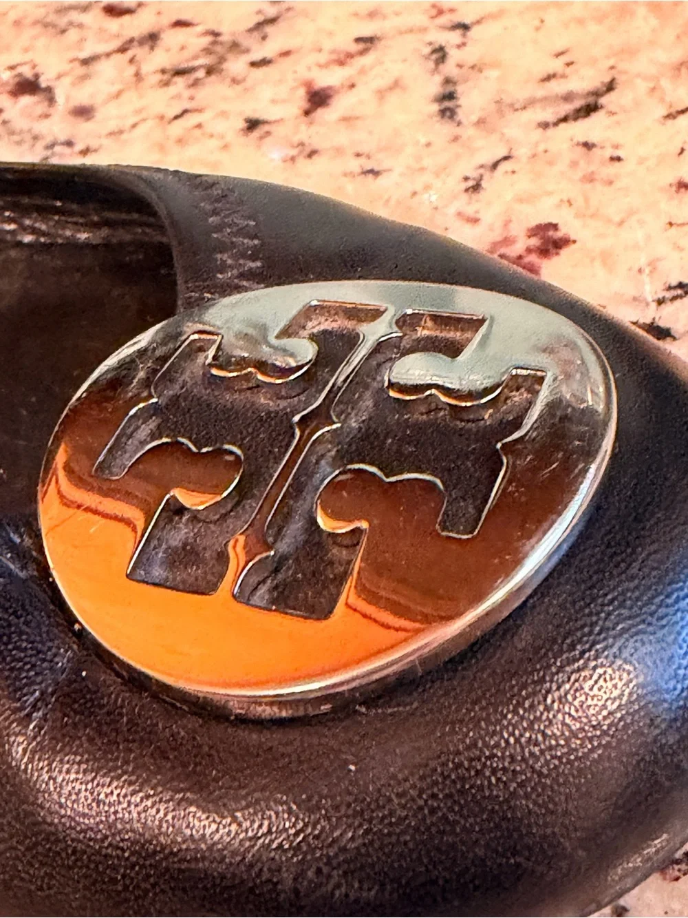 Tory Burch Black Leather Logo Round-Toe Ballet Flats